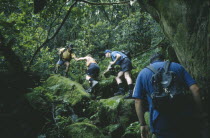 Local guide Basil Beaudouin leading tourists on Congo Rouge Trail. Zaire