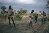 Dinka villagers planting groundnuts using primitive tools.