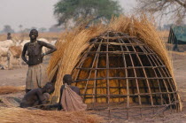 Dinka women thatching hut in cattle camp.