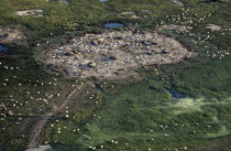 Aerial view over Dinka cattle camp.