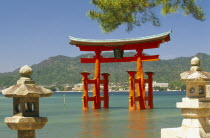 View of the Great Torii gate which is the sea entrance to the Itsukushima Shrine