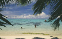 Moorea.  Beach and swimmers partly framed by palm tree fronds.