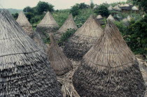 Village with typical conical shaped thatched huts.