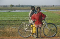 Two boys with a bicycle with paddy field behind.