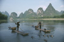 Cormorant fishermen on narrow rafts with birds swimming ahead.