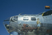 US Army plane now Sentimental Journey exhibit.  Detail of exterior with painting of wartime pin-up Betty Grable.