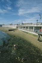 Old Portsmouth. Family playing amongst rocks on stretch of shingle beach next to walls.