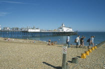 View across shingle beach towards pier with a group of people walking past and a No Dogs sign on a post in the foregound.