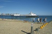 View across shingle beach towards pier with a group of people walking past and a No Dogs sign on a post in the foregound.