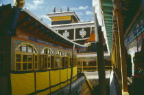 The Potala Palace. Exterior view of colourful walls windows and roofs. Colorful