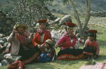 Quechuan Indian Women weavers wearing traditional dress. Cuzco  Cuzco