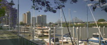 Pleasure boats moored on the Brisbane River  with the Kookaburra Queens I and II  restored paddle steamers  in the middle distance and the Story Bridge in the background.Tourism  Travel  Holidays  St...