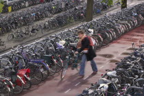 Bicycles parked near the Central Station and a person pushing one along.Holidays  Tourism  Travel  Transport  Overcrowding  Netherlands