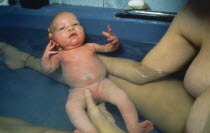Five day old baby girl bathing with mother.