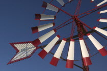 Detail of windmill near Palma de Mallorca.MajorcaMediterraneanTravelMolins de CamposAgricultureFarmingWindmillWind PowerRed White And Blue