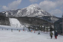Bandai Kogen ski resort in the winter with Mt Bandai and Bandai-Asahi National Park in the background