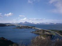 View over the 1.5 mile long Toll Bridge spanning Loch Alsh from the Kyle of Lochalsh on the mainland to Kyleakin on Skye and the Cuillin Hills in the distance