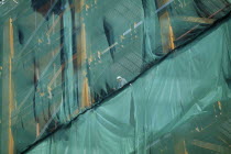 Construction worker looking out from skyscraper safety netting.