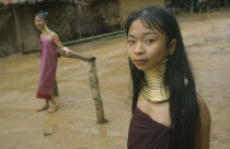 Karen Longneck tribe women in protected refugee zone near Myanmar border Burma