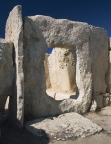 Hagar Qim prehistoric site with view of carved doorway.Colorful