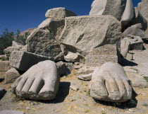 The Ramesseum. View of the feet from the giant statue of Ramses.