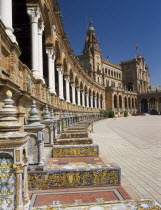 Plaza de Espana. View along colonnade and seats toward the Central Pavilion Andalusia Andalucia Espainia Espanha Espanya European Sevilla Southern Europe Spanish Hispanic Pavillion