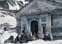 Pilgrims in the snow at Kedarnath Temple one of the sources of the Ganges