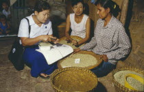 Sexual health worker discussing the use of condoms with local women in rural area.  Burma  Burma