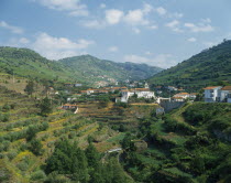 View over terraced hillside towards white painted village with tiled rooftops.