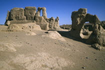 View of ruined buildings in rocky arid landscapeDesertDesert