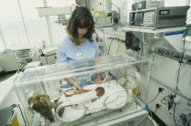 Special Care Baby Unit with tiny baby in an incubator with attending nurse