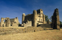 Royal Enclosure at Fasils Castle. Stone fort with crumbling wall in the foreground