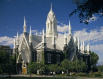 Mormon Assembly Hall building white trees