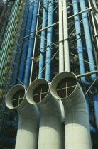 View looking up at exterior detail of the Pompidou Centre Beaubourg