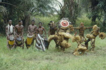 Drummers and dancers masquerading as animals at Bapende initiation ceremony.Pende Zaire