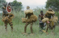 Bapende tribe animal masqueraders performing dance at initiation rites.Zaire Congo