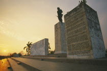 Plaza de la Revolution.  Statue of Che Guevara at sunset.