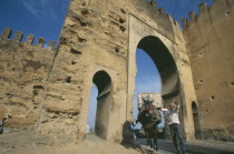 Man leading mule carrying large load through horseshoe shaped arch of medina gateway. Fez