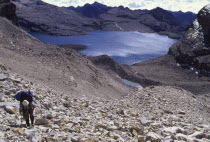 The climb up to Boqueron Bellavista  looking down at a hiker and lagoon  Sierra Nevada de Cocuy.