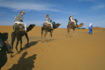 Guide leading tourist camel train through desert landscape.