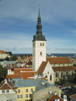 View over fooftops towards the spire of Niguliste kirik or Saint Nicholas Church from Kiek in de Kok Tower.