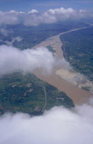 Aerial view of the Mekong River through clouds