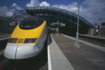 Eurostar Train at Waterloo Station platform  part view from front.