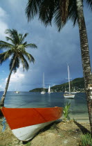 Orange and white boat on coconut palm tree fringed beach with yachts anchored in bay