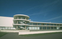De La Warr Pavilion. Exterior view from seafront towards back entrance with staircase section and terracing.Art Deco building built by the Earl of De La Warr in 1935 recently restored in 2005 Europe...