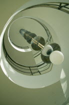 De La Warr Pavilion. Interior view looking upwards at the helix like spiral staircase and Bauhaus globe lamps.Art Deco building built by the Earl Of De La Warr in 1935 Designed by Erich Mendelsohn an...
