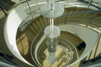De La Warr Pavilion. Interior view looking down the helix like spiral staircase and Bauhaus globe lamps.Art Deco building built by the Earl Of De La Warr in 1935 Designed by Erich Mendelsohn and Serg...