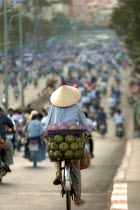 Man wearing a conical hat riding a bicycle with coconuts on the back in a busy street full of motorbikes and bicycles.