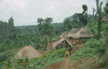 Children on a path leading to a tribal village surrounded by green forest and  vegetation.