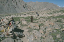 Tibetan pilgrims circumambulating Mount Kailas.